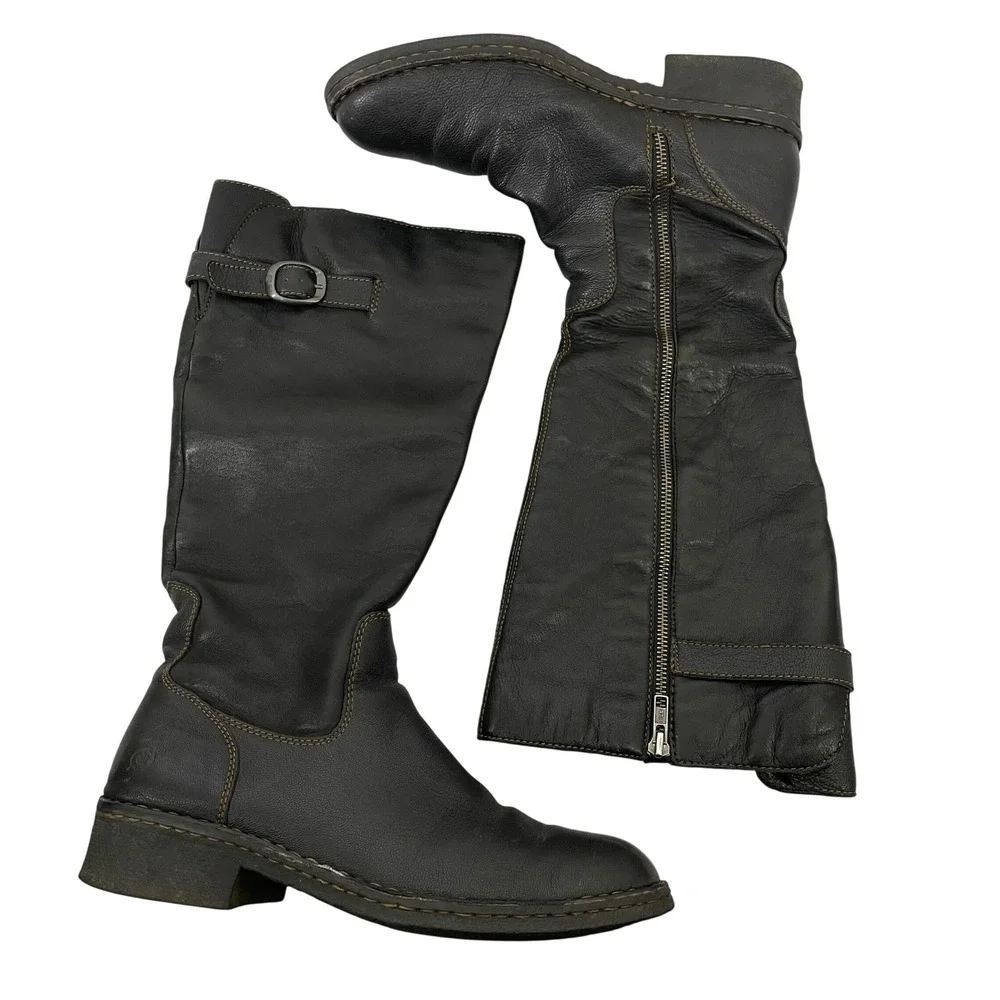 Born Size 10 Tall Riding Boots Black Leather Side Zip Buckle W3189 Women